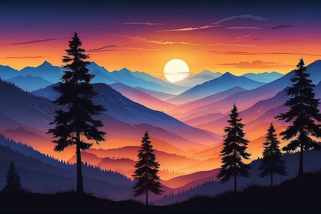 Sunset Silhouettes Trees Mountains