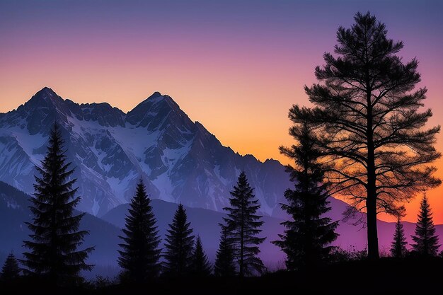 Sunset Silhouettes Trees Mountains