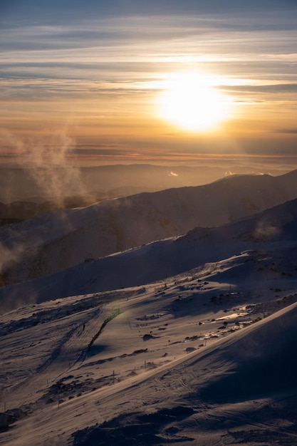 Sunset above ski slope in Slovakia tatra mountains