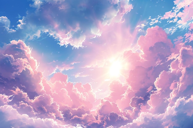 Sunset sky background with clouds and rays of light