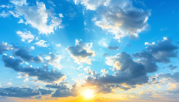 Sunset sky background with tiny clouds and rays of light