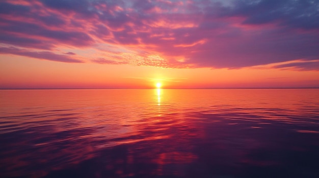 Photo at sunset the sky is ablaze with hues of orange pink and purple reflected perfectly on the calm waters as the sun dips below the horizon in a final burst of light