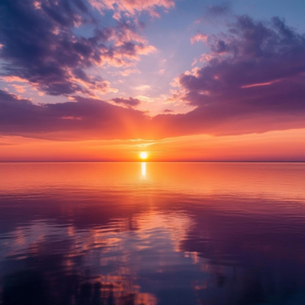 Photo at sunset the sky is ablaze with hues of orange pink and purple reflected perfectly on the calm waters as the sun dips below the horizon in a final burst of light