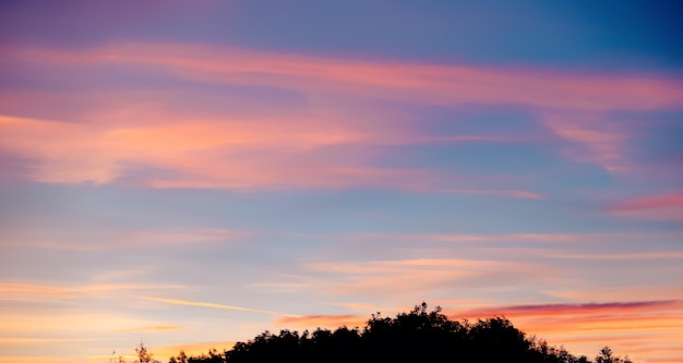 Sunset sky landscape backgroundBeautiful Pastel Sunlight with fluffy CloudIdyllic nature Sundown and twilight sky with silhouette forest tree peaceful Majestic sunrise in Autumn