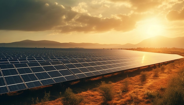 Sunset sky powers solar panel farm efficiency generated by AI