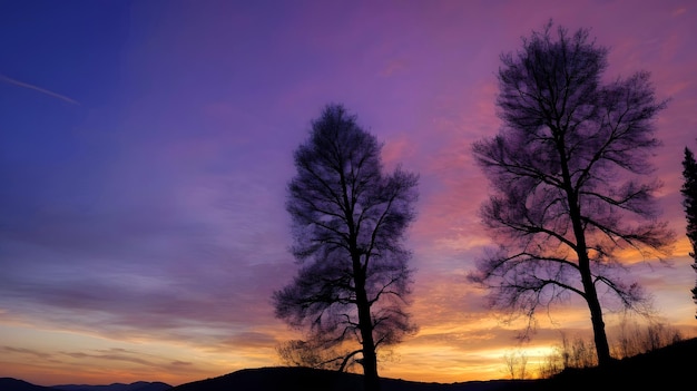 Photo sunset sky and silhouettes of trees in the mountains preminm images