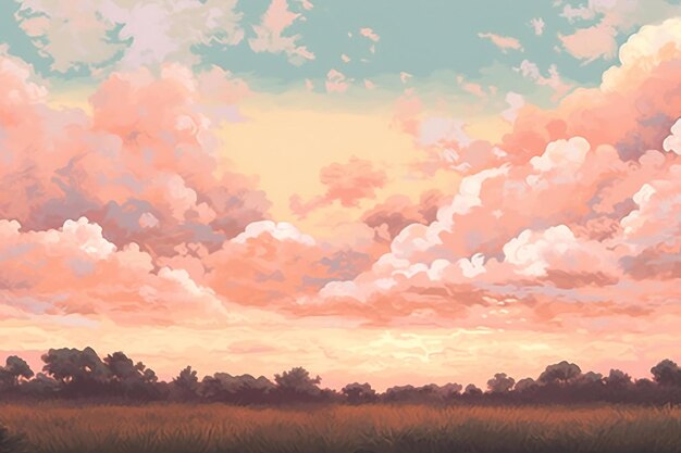 Sunset sky with clouds and grass