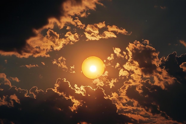 Sunset in the sky with clouds and sunbeams Nature background