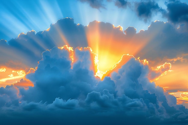 Sunset sky with clouds and sunbeams Nature background