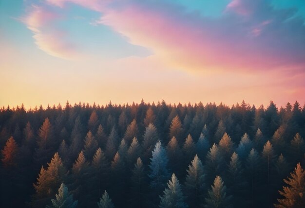 Sunset sky with pink and blue hues over a dense forest