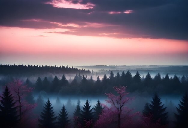 Sunset sky with pink and blue hues over a dense forest