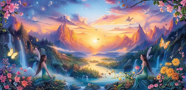 a sunset in the sky with a river and mountains