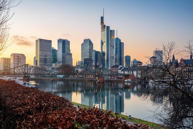 Sunset skyline at autumn with modern buildings Frankfurt Germany