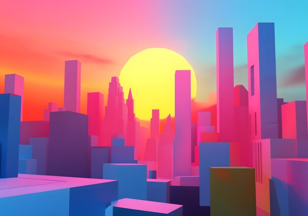 Photo sunset skyline cityscape with geometric buildings