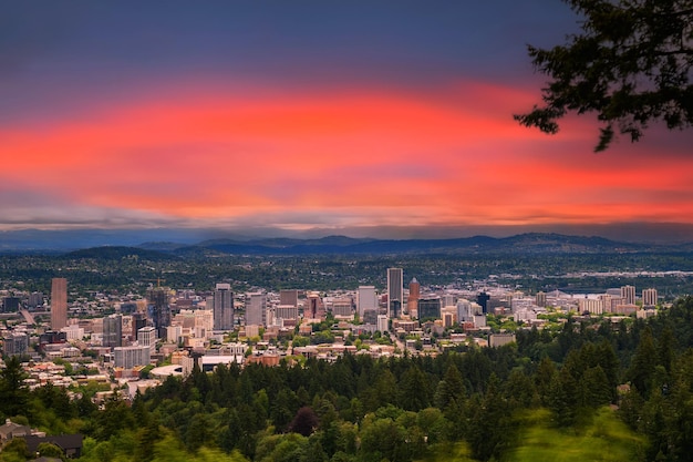 Sunset over skyline of portland oregon from pittock mansion viewpoint