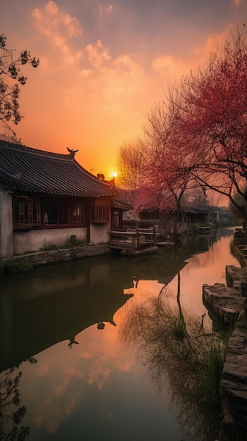 A sunset over a small river in china