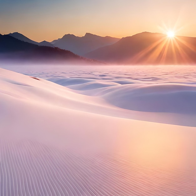 A sunset over a snow covered desert with mountains in the background.