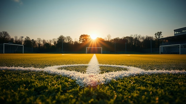 Photo sunset over soccer field with goal posts in rural area