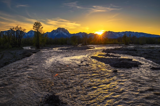 Sunset above stream in the forest of grand teton mountains in wyoming