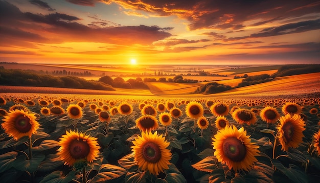 A sunset over a sunflower field with the sun setting behind it