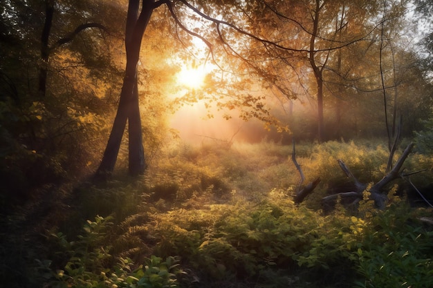 Sunset or sunrise in the autumn forest with sunbeams and fog