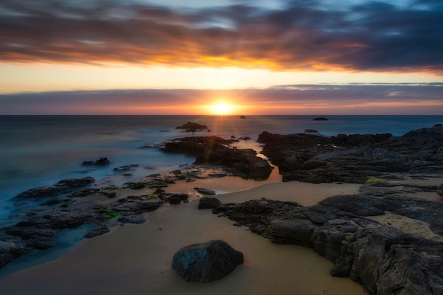 Sunset or sunrise on rocky beach