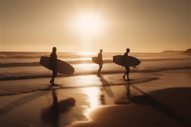 Sunset surf team silhouettes of surfers on beach at sunset love of extreme sportsgenerative ai