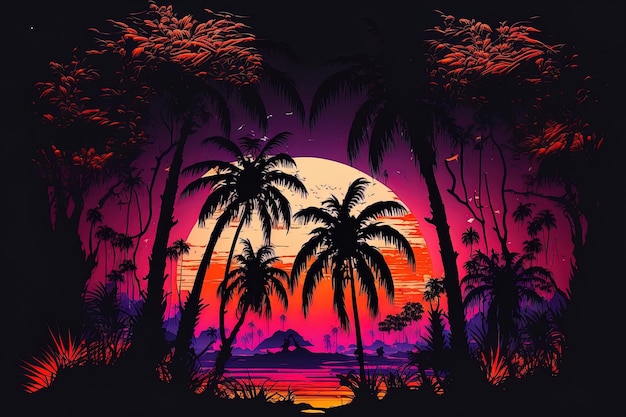 Sunset surreal woodland with palm trees stunning neon dream landscape