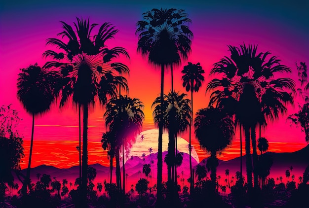 Sunset surreal woodland with palm trees stunning neon dream landscape