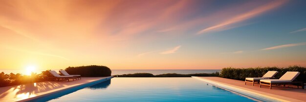 Photo a sunset over a swimming pool with a sunset in the background