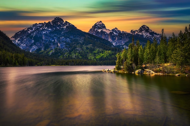 Sunset over taggart lake and grand teton mountains in wyoming usa