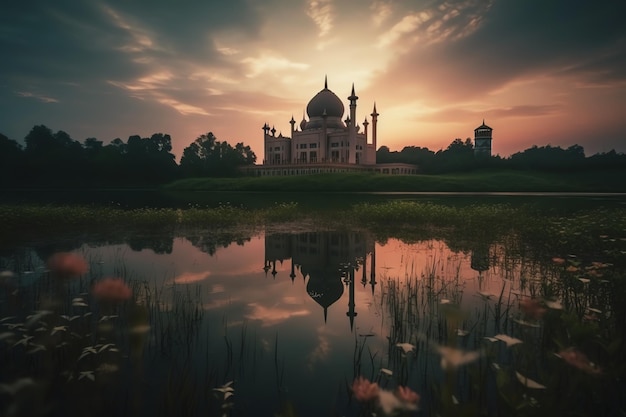 A sunset over a taj mahal with a reflection in the water