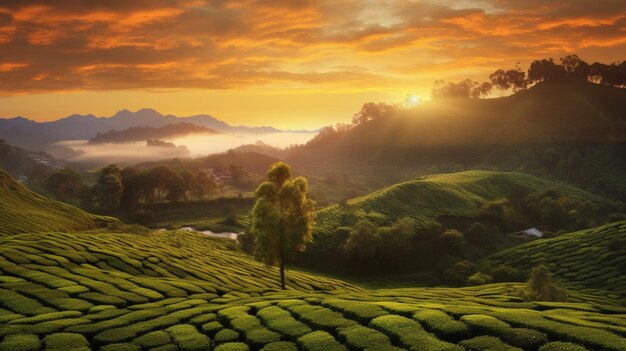 Sunset over tea plantation with clouds and sky in