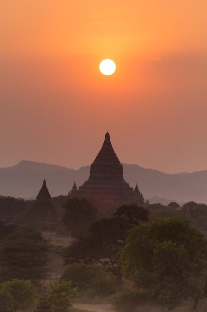 Sunset over temples of Bagan an ancient city located in the Mandalay Region of Burma Myanmar Asia