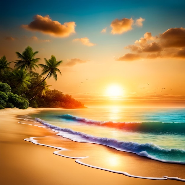 Sunset time on the tropical beach and sea with coconut palm tree ai