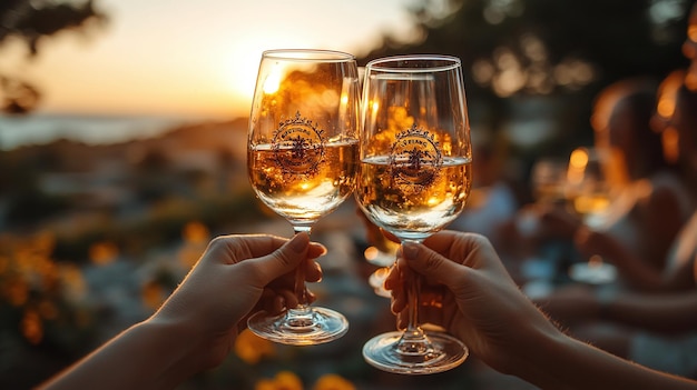 Photo sunset toast celebrating with wine by the golden horizon