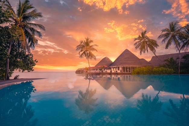 Sunset tourism landscape. Luxurious beach resort with palm sky infinity swimming pool reflection