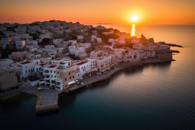 A sunset over the town of agios nikolaos