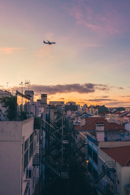 Sunset in the town in the top of a building