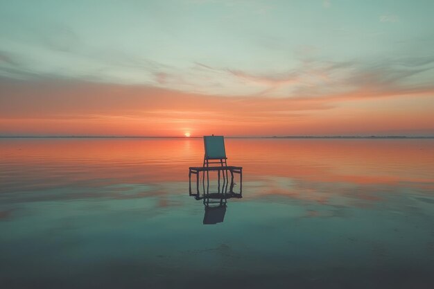 Photo sunset over a tranquil lake with an easel in the water