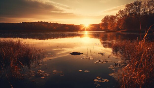 Photo sunset over tranquil pond reflecting vibrant autumn colors generated by ai