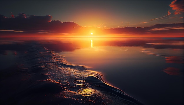 Sunset over tranquil water creates a vibrant atmosphere generative AI