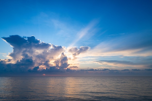 Sunset on tropical beach sea ocean with sunrise clouds banner for travel vacation scenery sky and re