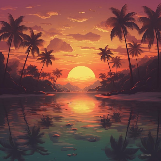 Sunset over a tropical beach with palm trees and a body of water generative ai