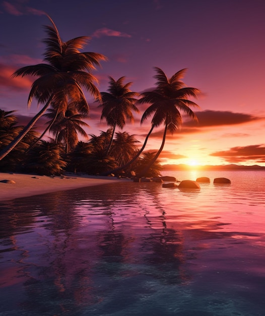 Sunset on a tropical beach with palm trees and rocks generative ai