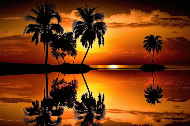 Sunset on a tropical beach with water reflected silhouettes of palm trees