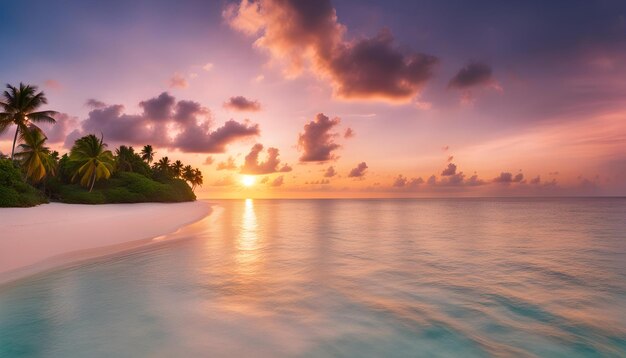 a sunset over a tropical island with a tropical island in the water