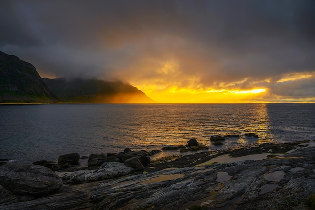 Sunset over Tungeneset beach on Senja island in northern Norway