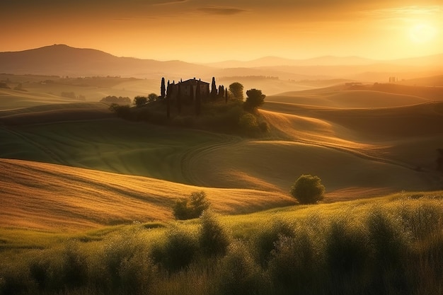 A sunset over a tuscan landscape