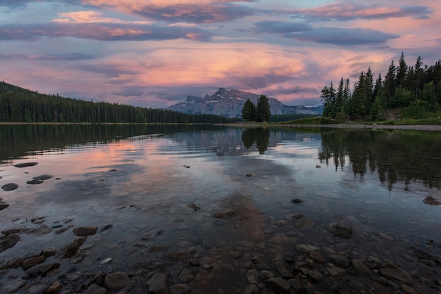 Sunset at Two Jack Lake in Banff National Park , Canada.